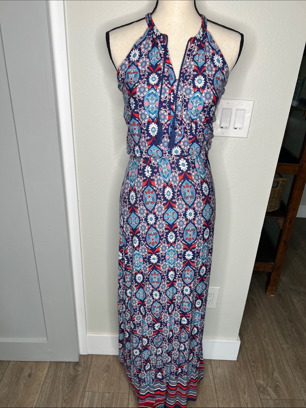 Antibes Blanc Sleeveless Navy & Teal Maxi Dress with Tassel Tie Neck XS